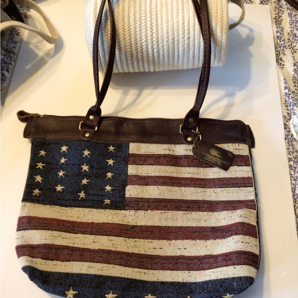 American Flag Canvas Shoulder Bag with Brown Leather Trim
